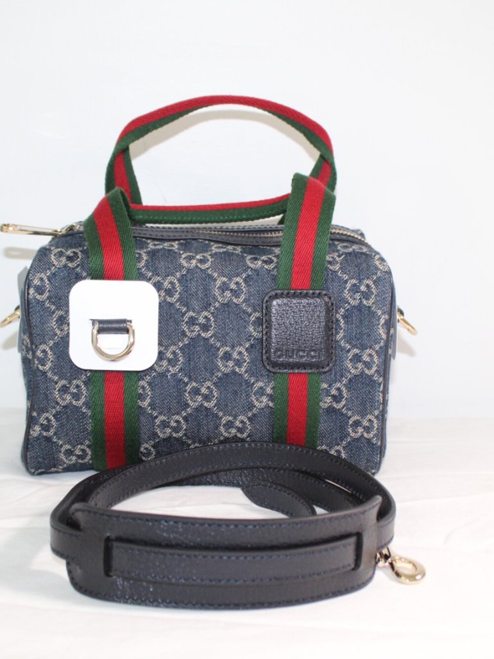 NWT Gucci GG Dk Blue Denim Web HBG Tote Top Handle Shoulder Bag Crossbody 859975